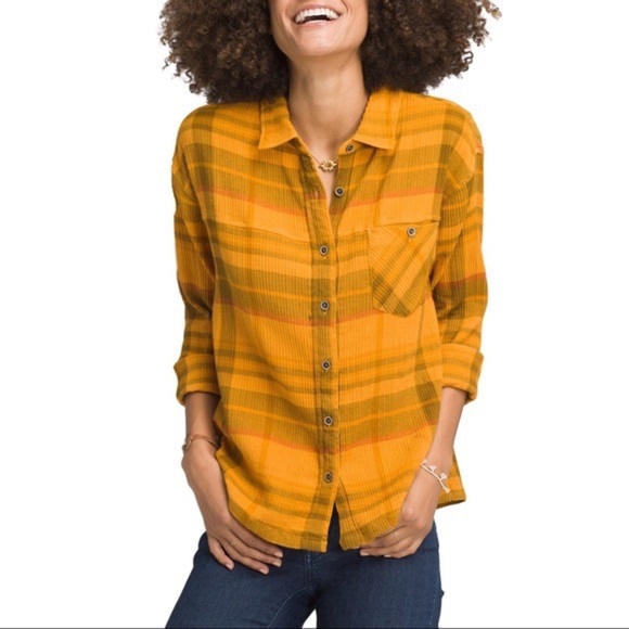 PrAna Mustard Yellow Plaid Fillary Button Down Top M - Picture 1 of 7